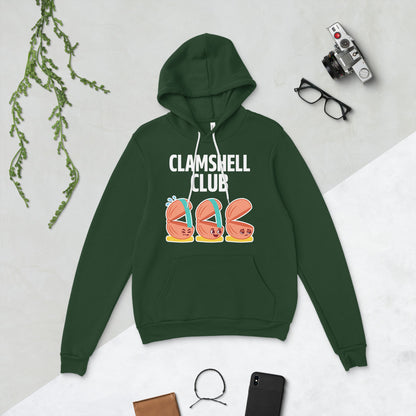 Clamshell Club funny physical therapy hoodie — Forest, flat lay