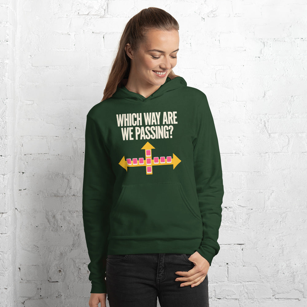Which Way Are We Passing funny mahjong hoodie — Forest, on model