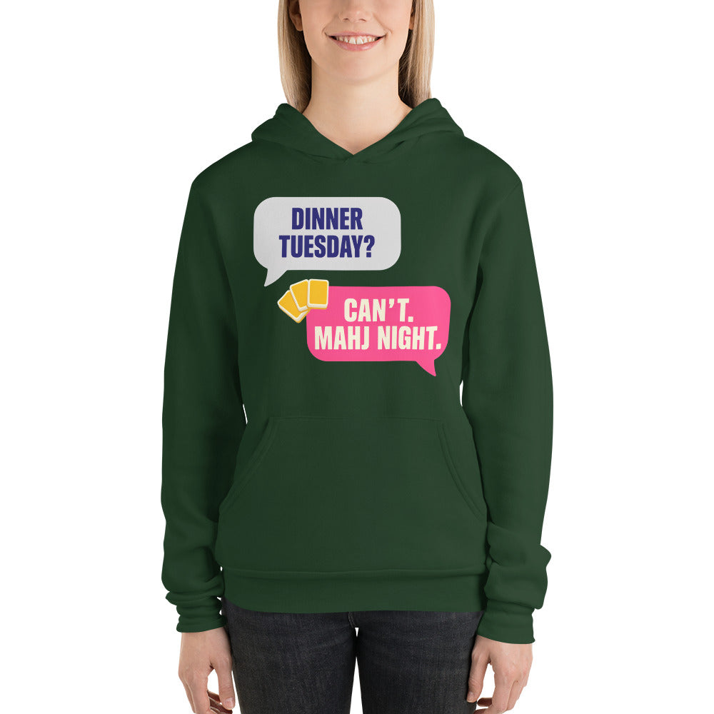 Mahj Night funny mahjong hoodie — Forest, on model