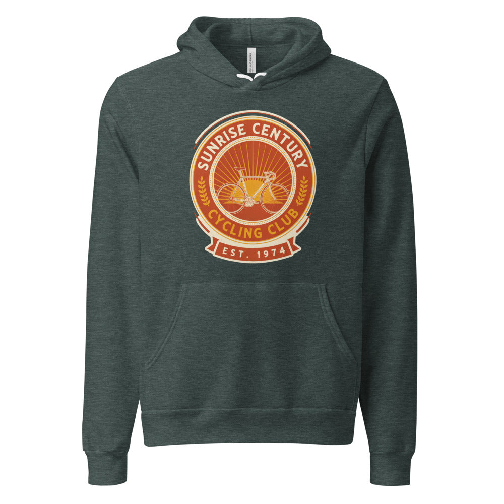 Sunrise Century C.C. retro cycling club badge hoodie — Heather Forest, front
