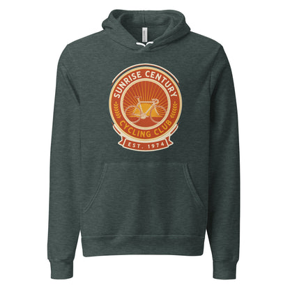 Sunrise Century C.C. retro cycling club badge hoodie — Heather Forest, front