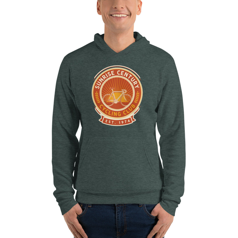 Sunrise Century C.C. retro cycling club badge hoodie — Heather Forest, on model