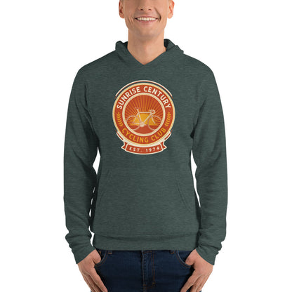 Sunrise Century C.C. retro cycling club badge hoodie — Heather Forest, on model