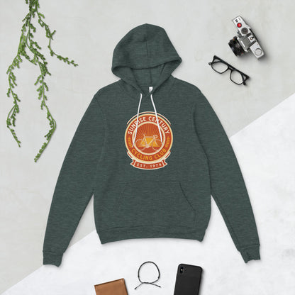 Sunrise Century C.C. retro cycling club badge hoodie — Heather Forest, front-right