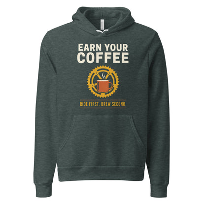 Earn Your Coffee retro cycling coffee hoodie — Heather Forest, front