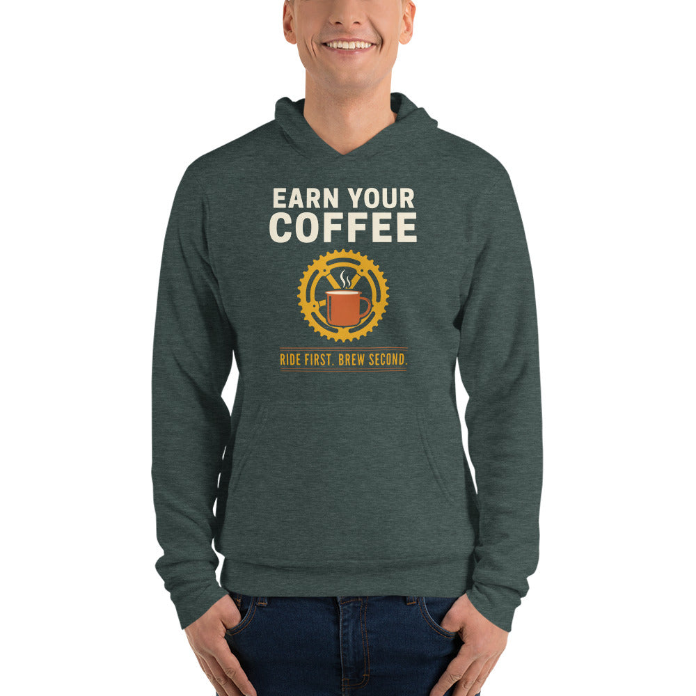 Earn Your Coffee retro cycling coffee hoodie — Heather Forest, on model