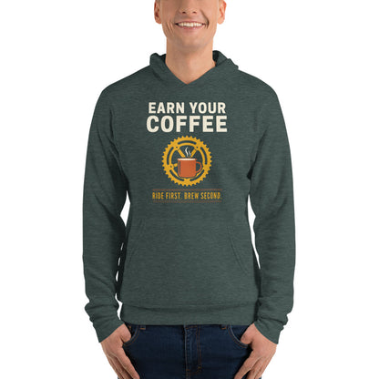Earn Your Coffee retro cycling coffee hoodie — Heather Forest, on model