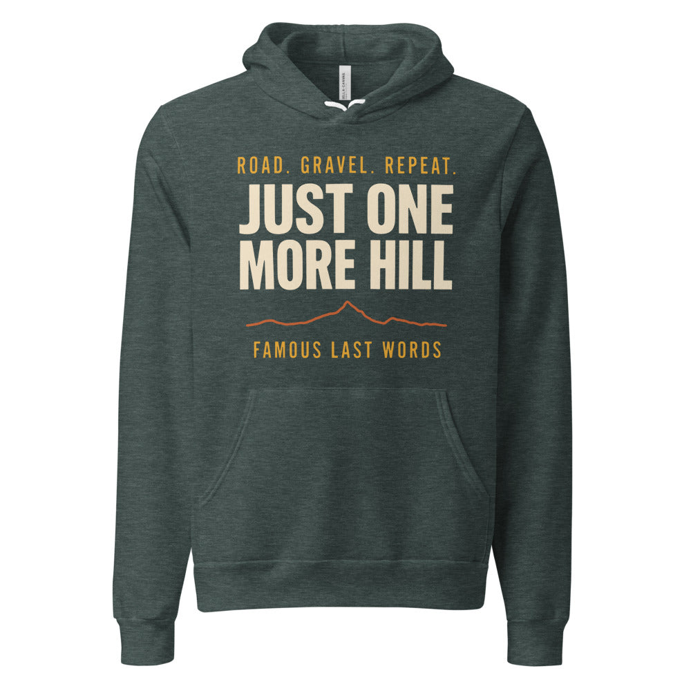 Just One More Hill retro cycling climb hoodie — Heather Forest, front