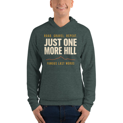 Just One More Hill retro cycling climb hoodie — Heather Forest, on model
