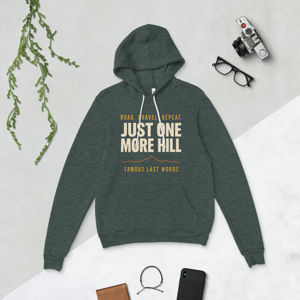Just One More Hill retro cycling climb hoodie — Heather Forest, front-right