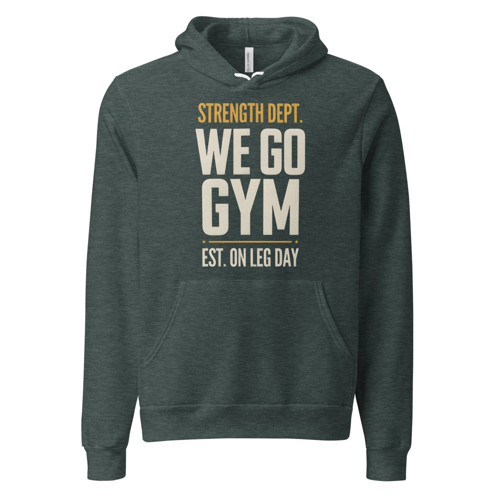 We Go Gym vintage athletic hoodie — Heather Forest, front
