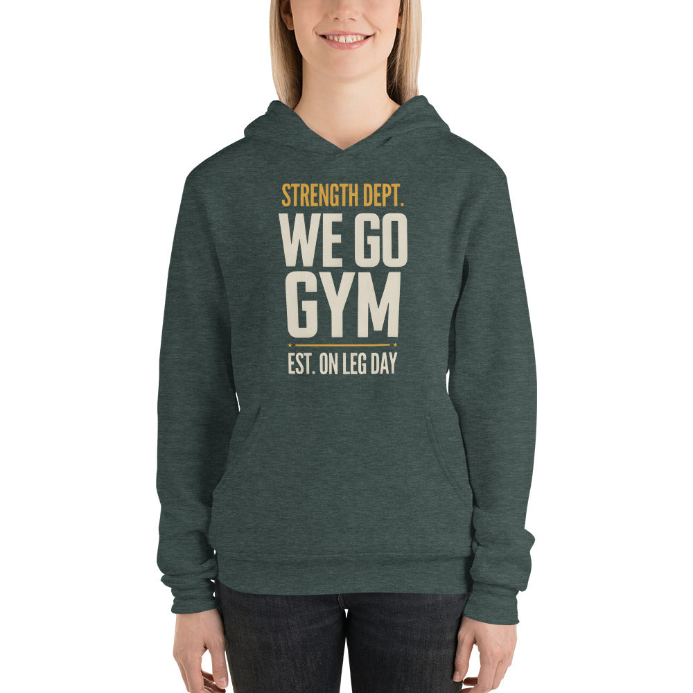 We Go Gym vintage athletic hoodie — Heather Forest, on model