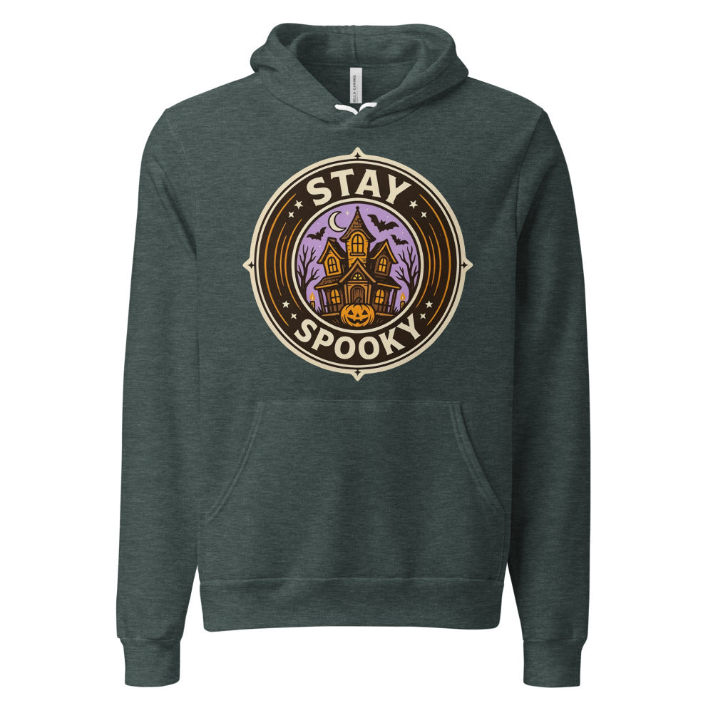 Stay Spooky retro Halloween vintage badge hoodie — Heather Forest, front