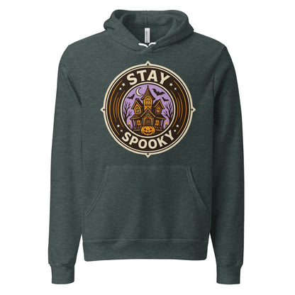 Stay Spooky retro Halloween vintage badge hoodie — Heather Forest, front