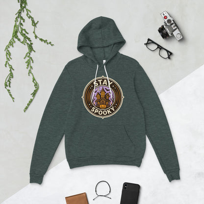 Stay Spooky retro Halloween vintage badge hoodie — Heather Forest, flat lay