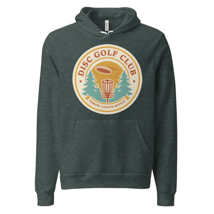 Disc Golf Club retro badge hoodie — Heather Forest, front