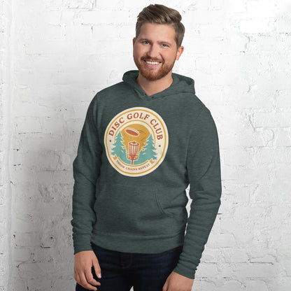 Disc Golf Club retro badge hoodie — Heather Forest, on model