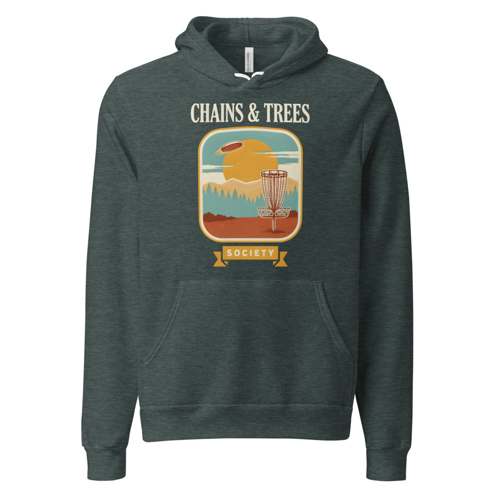 Chains & Trees Society disc golf retro landscape hoodie — Heather Forest, front