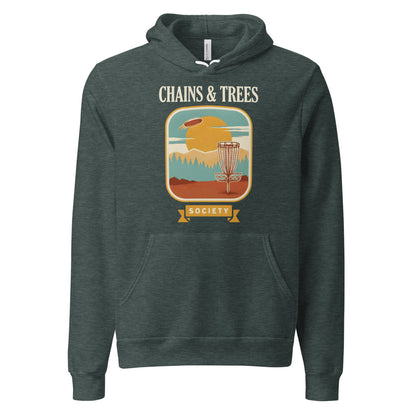 Chains & Trees Society disc golf retro landscape hoodie — Heather Forest, front