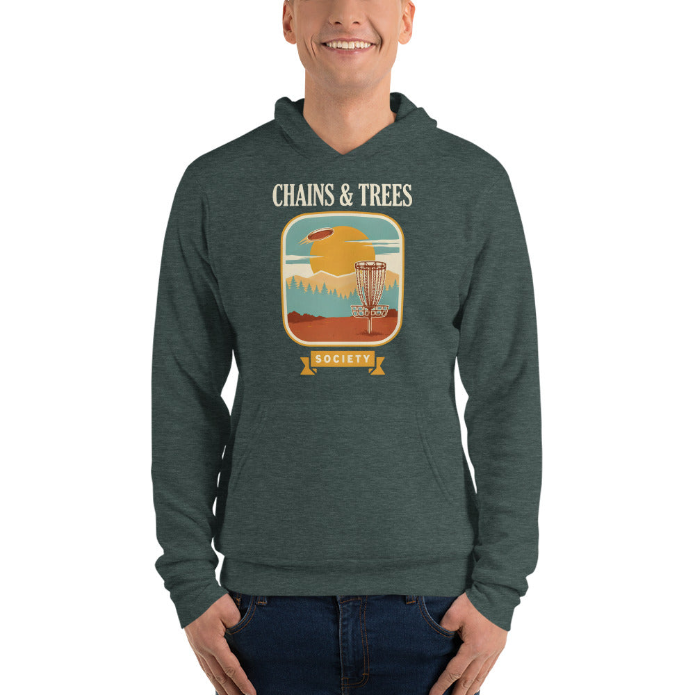 Chains & Trees Society disc golf retro landscape hoodie — Heather Forest, on model