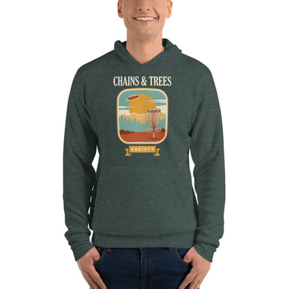 Chains & Trees Society disc golf retro landscape hoodie — Heather Forest, on model