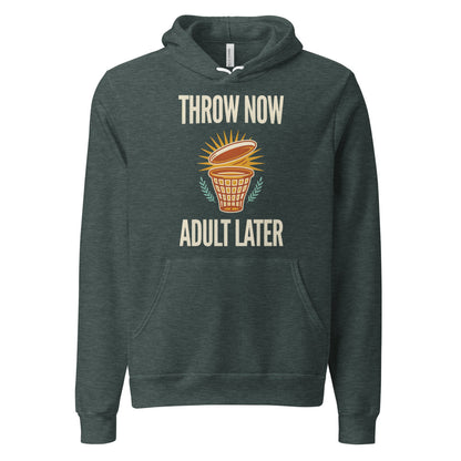 Throw Now Adult Later disc golf retro hoodie — Heather Forest, front