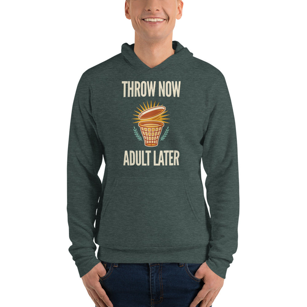 Throw Now Adult Later disc golf retro hoodie — Heather Forest, on model