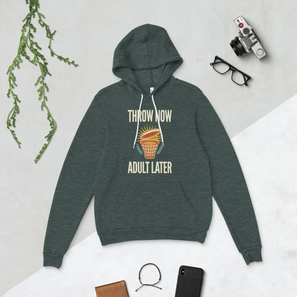 Throw Now Adult Later disc golf retro hoodie — Heather Forest, flat lay