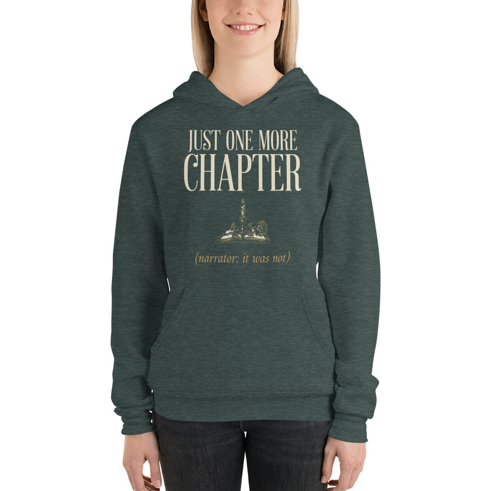 Just One More Chapter book lover dark academia hoodie — Heather Forest, on model
