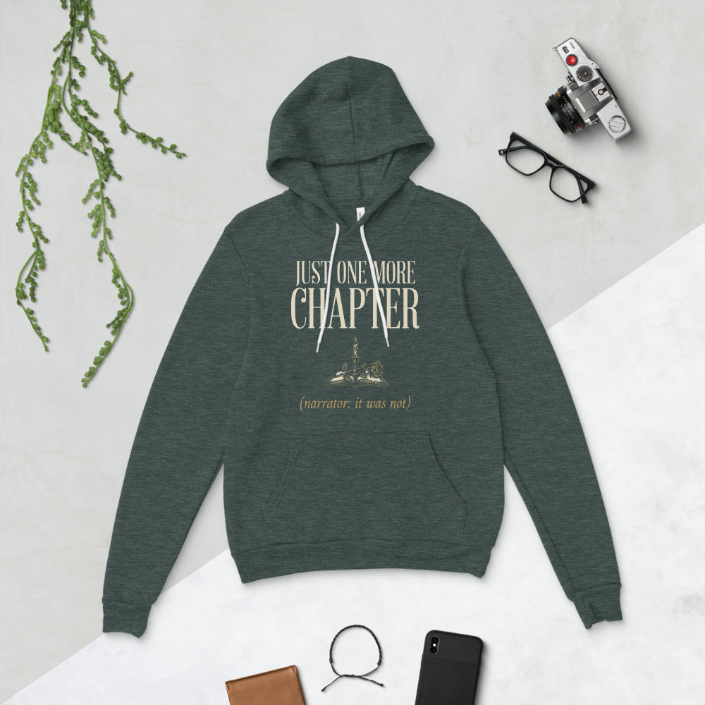 Just One More Chapter book lover dark academia hoodie — Heather Forest, flat lay