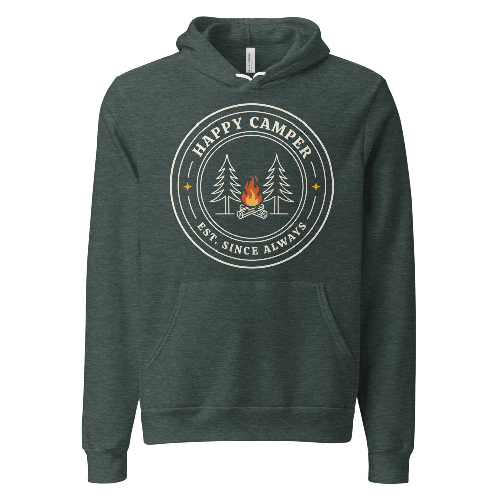 Happy Camper retro camp badge hoodie — Heather Forest, front