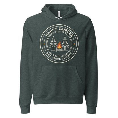 Happy Camper retro camp badge hoodie — Heather Forest, front