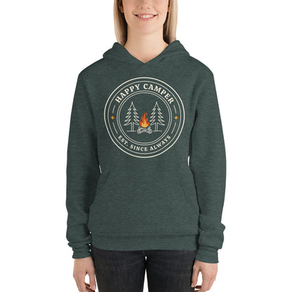 Happy Camper retro camp badge hoodie — Heather Forest, on model
