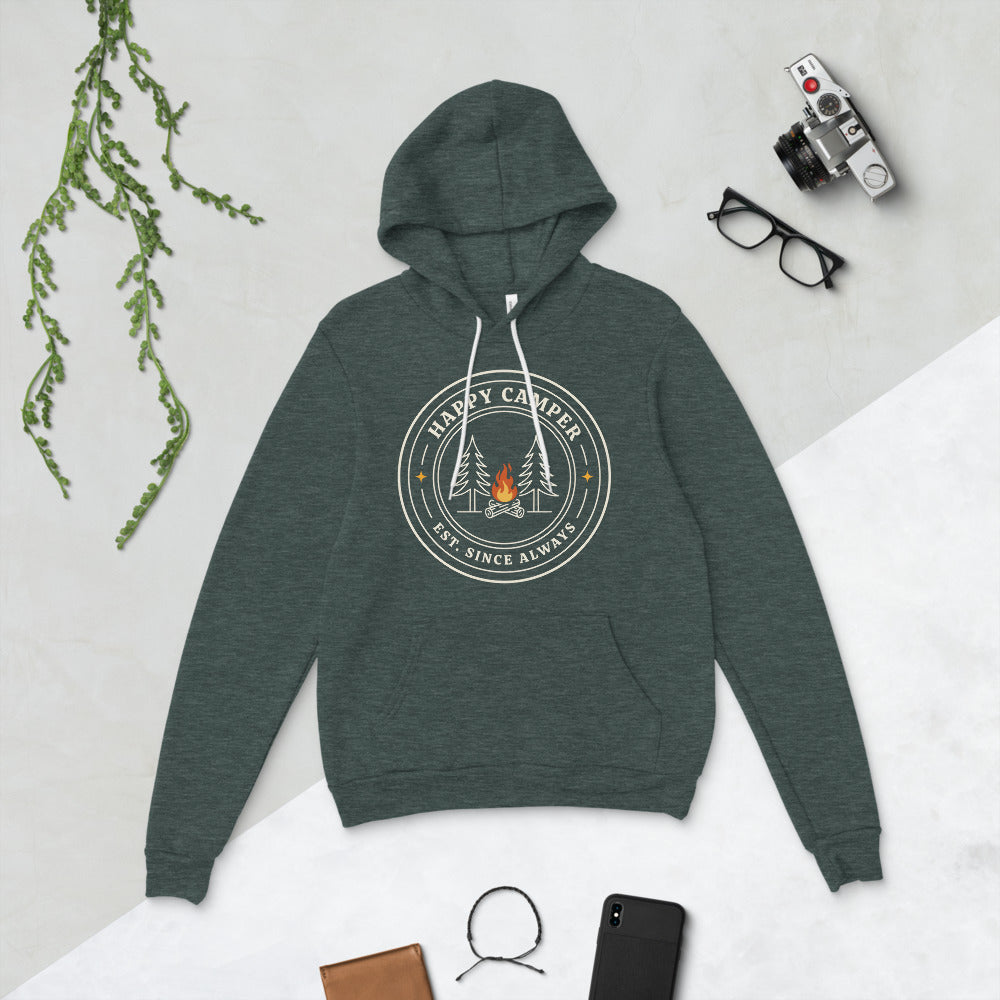 Happy Camper retro camp badge hoodie — Heather Forest, flat lay