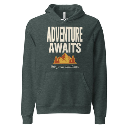 Adventure Awaits retro outdoors typography hoodie — Heather Forest, front