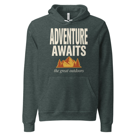 Adventure Awaits retro outdoors typography hoodie — Heather Forest, front