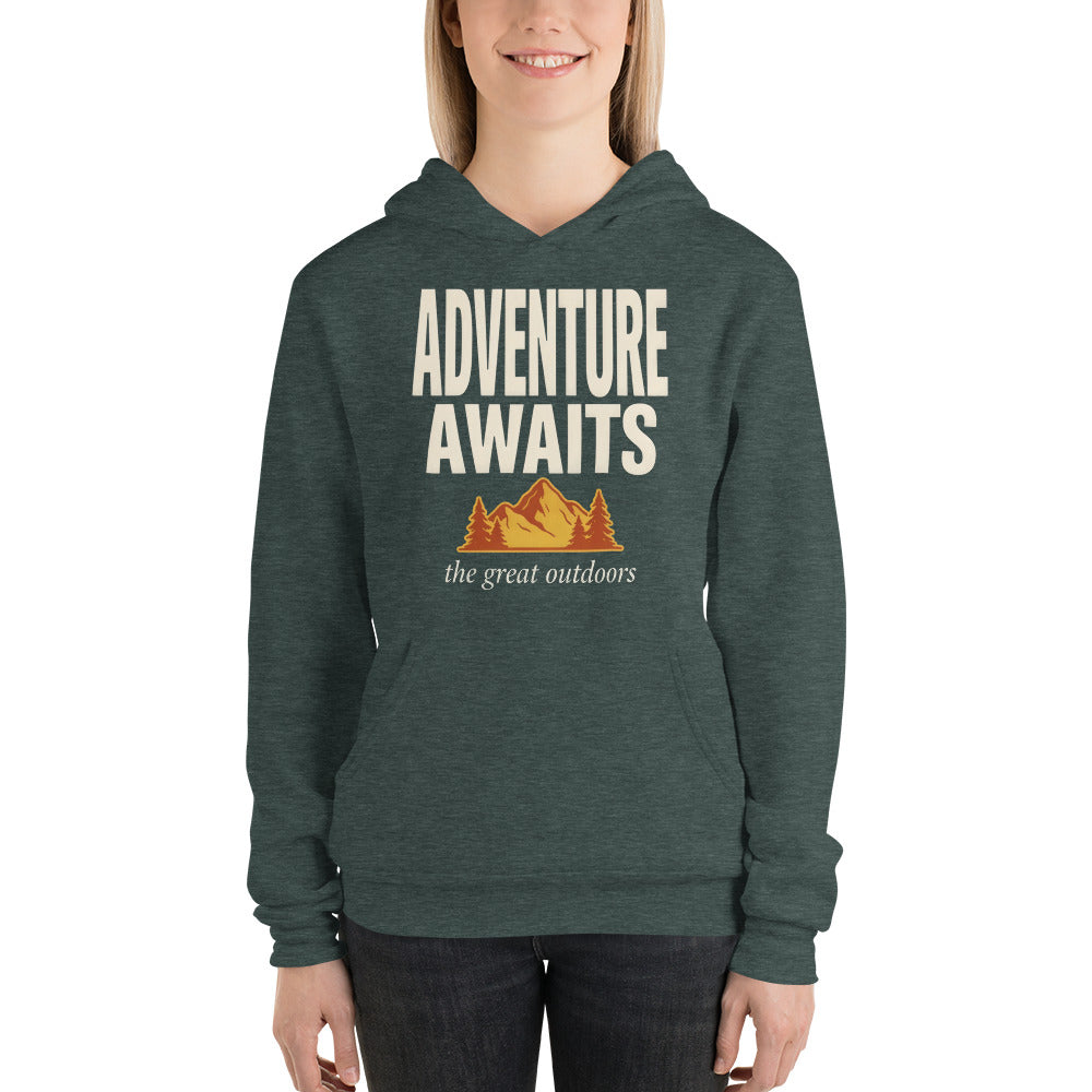 Adventure Awaits retro outdoors typography hoodie — Heather Forest, on model