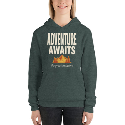 Adventure Awaits retro outdoors typography hoodie — Heather Forest, on model