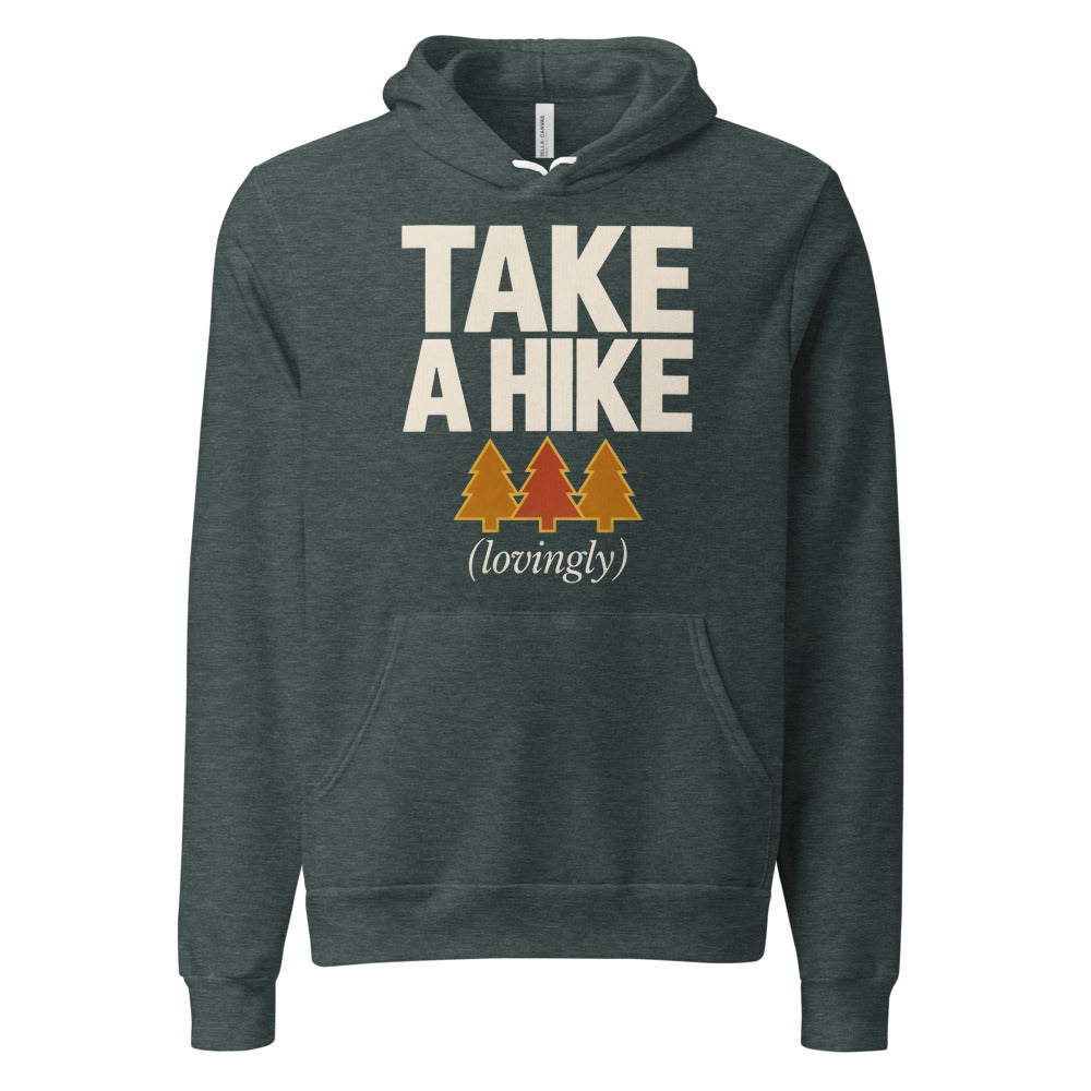 Take a Hike retro outdoors humor typography hoodie — Heather Forest, front