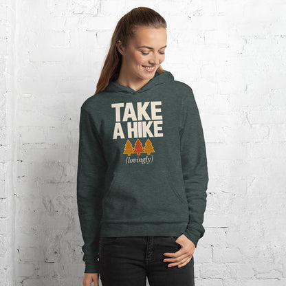 Take a Hike retro outdoors humor typography hoodie — Heather Forest, on model