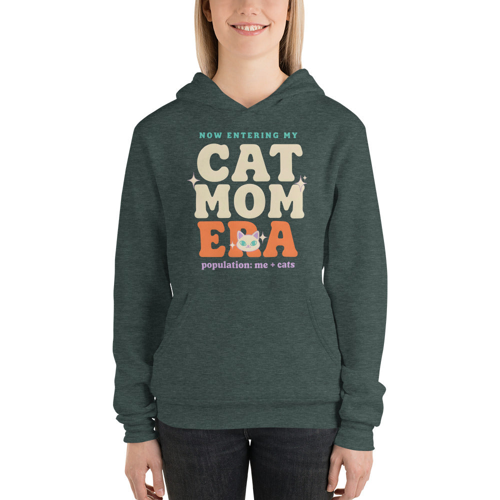 Cat Mom Era retro Y2K hoodie — Heather Forest, on model