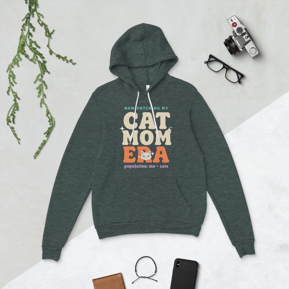 Cat Mom Era retro Y2K hoodie — Heather Forest, flat lay
