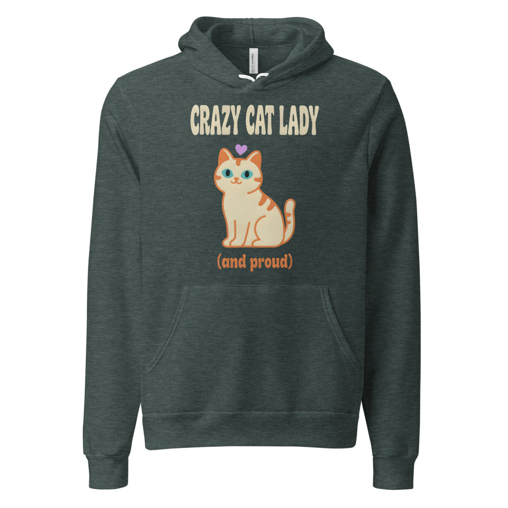 Crazy Cat Lady and Proud retro Y2K hoodie — Heather Forest, front