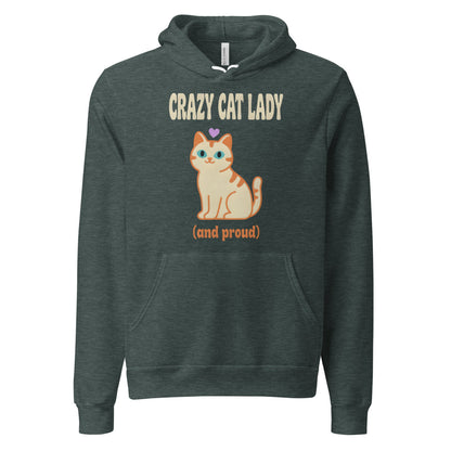Crazy Cat Lady and Proud retro Y2K hoodie — Heather Forest, front