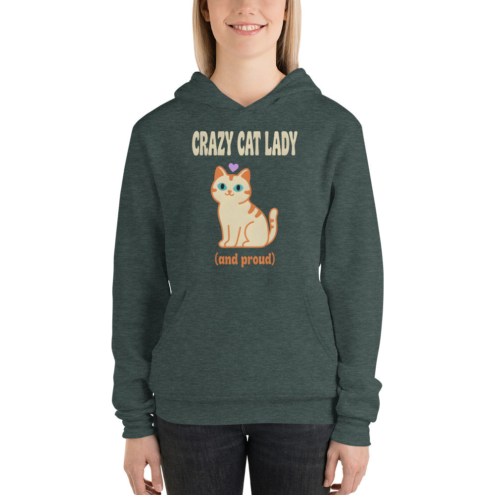 Crazy Cat Lady and Proud retro Y2K hoodie — Heather Forest, on model