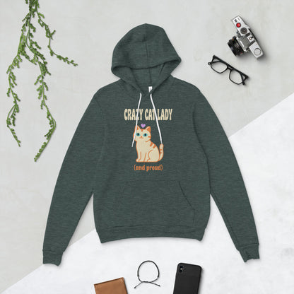 Crazy Cat Lady and Proud retro Y2K hoodie — Heather Forest, flat lay