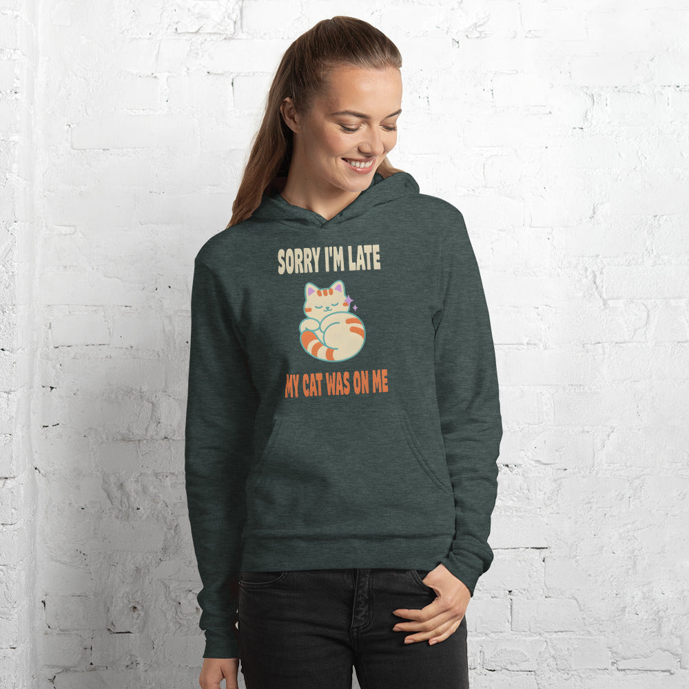 Sorry I'm Late My Cat Was On Me funny cat mom hoodie — Heather Forest, on model