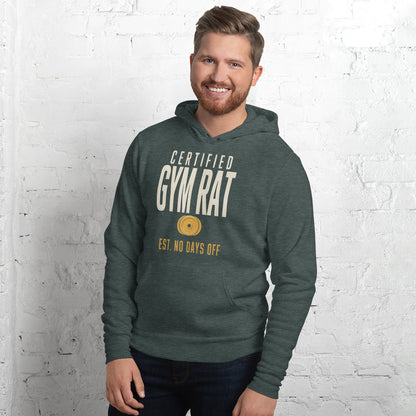 Certified Gym Rat vintage athletic hoodie — Heather Forest, on model