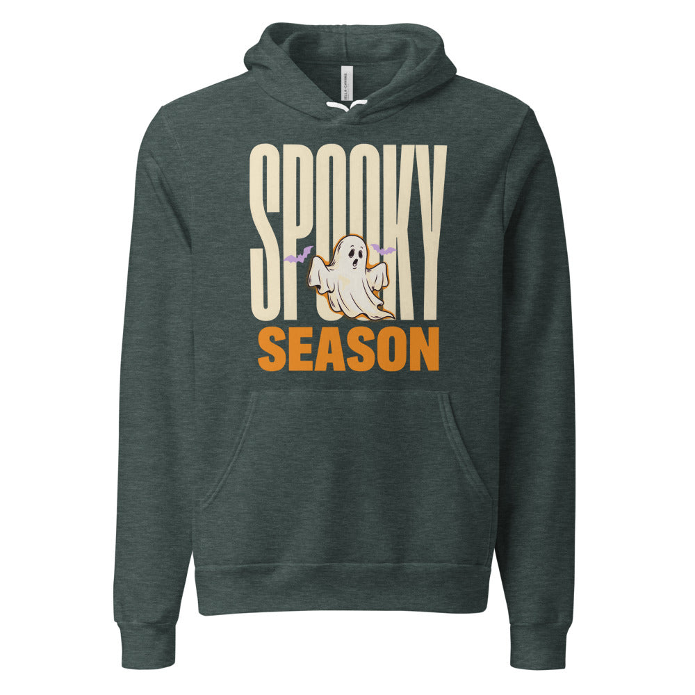 Spooky Season retro Halloween ghost typography hoodie — Heather Forest, front