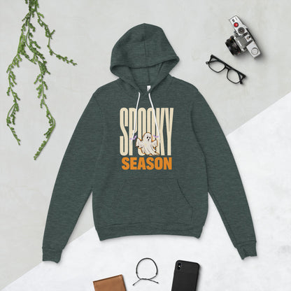 Spooky Season retro Halloween ghost typography hoodie — Heather Forest, flat lay